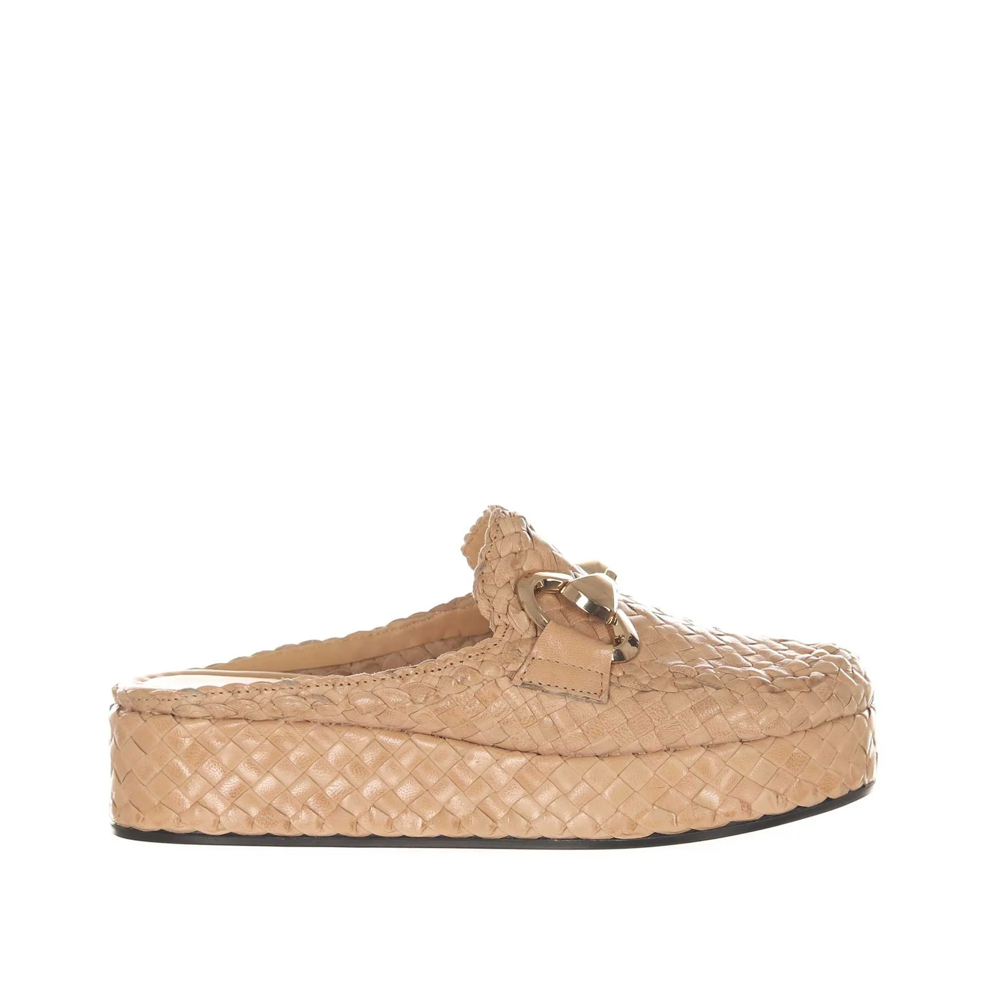 Woven leather sabot shoe.
