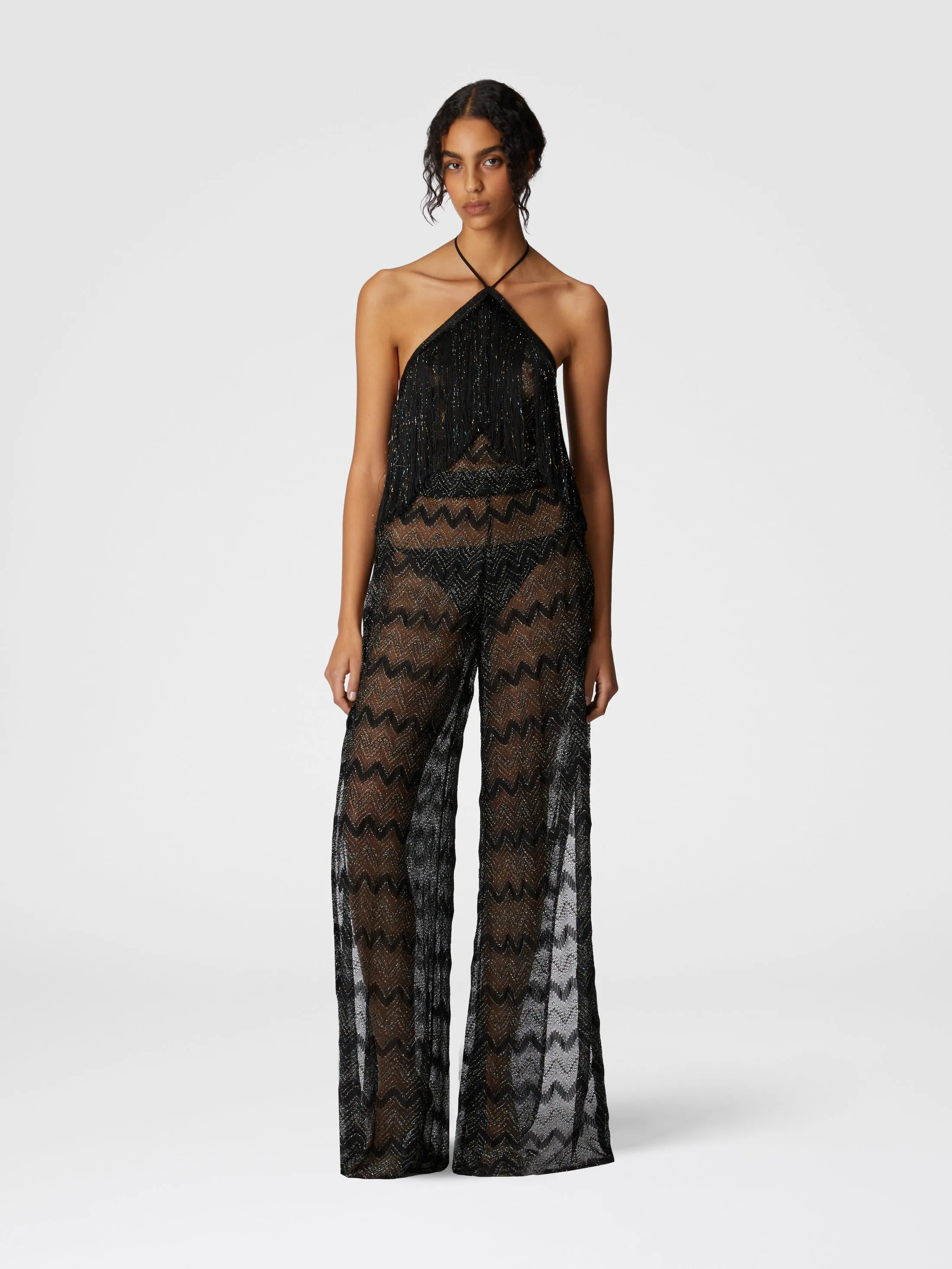 Zig Zag Lamé Viscose Jumpsuit with Fringes